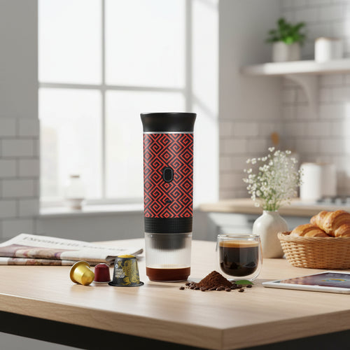 Portable Espresso Machine, Car Coffee Maker Self-Heating with Type-C, Compatible with Ground Coffee & NS Capsule for Travel, RV, Hiking, Camping, Office (African Totem Style Black & Red)